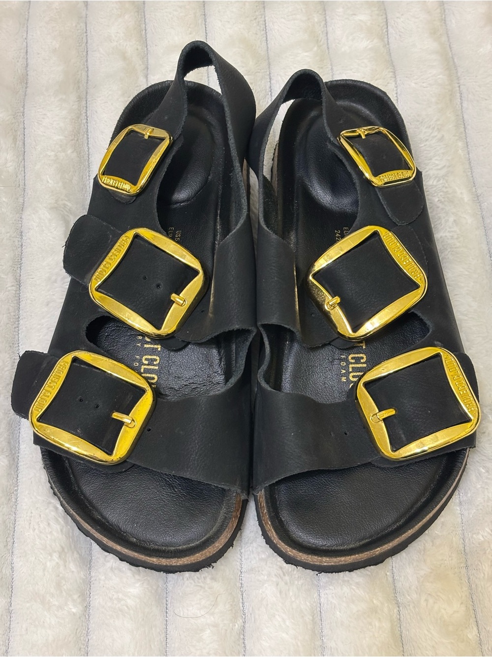 Project Cloud buckle sandals black gold sz 5.5